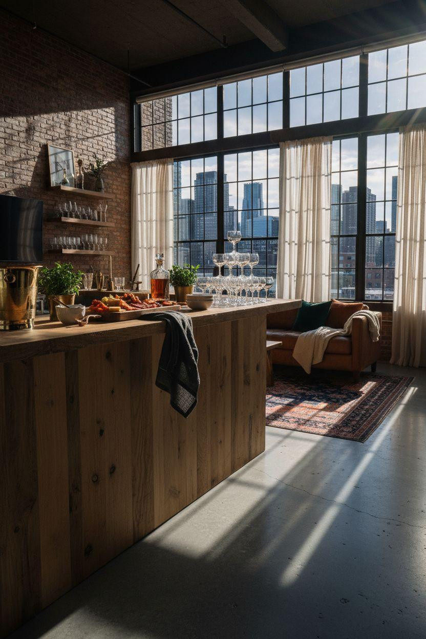 Super Bowl party decorations - contemporary bar with white oak and brass ice buckets