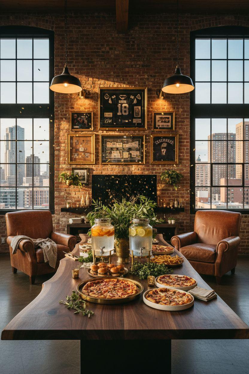 Super Bowl party decorations - double height space with black walnut buffet and brass accents