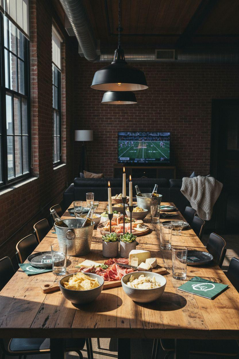 Super Bowl party decorations - walnut console with succulents and artisan charcuterie