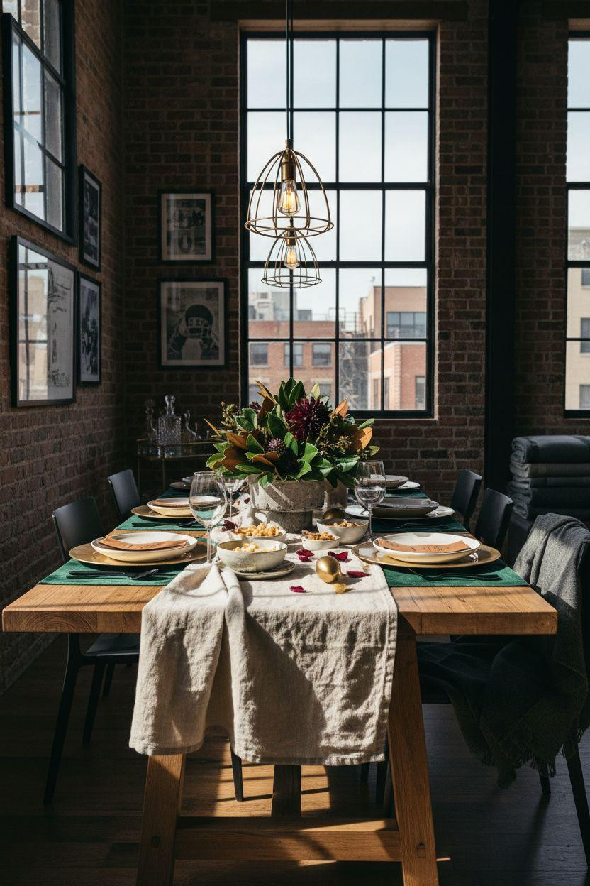 Super Bowl party decorations - formal dining table with velvet placemats and brass accents