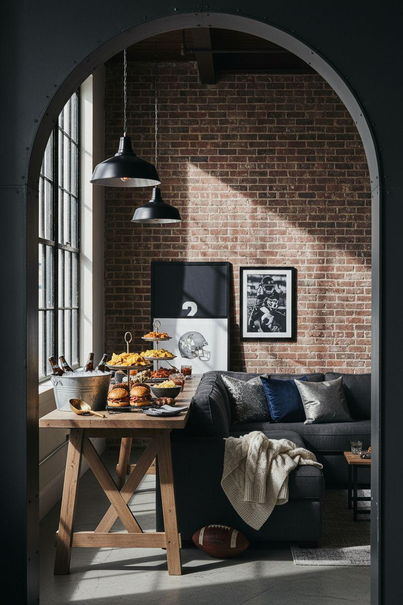 Super Bowl party decorations - exposed brick loft with galvanized buckets and Edison bulbs