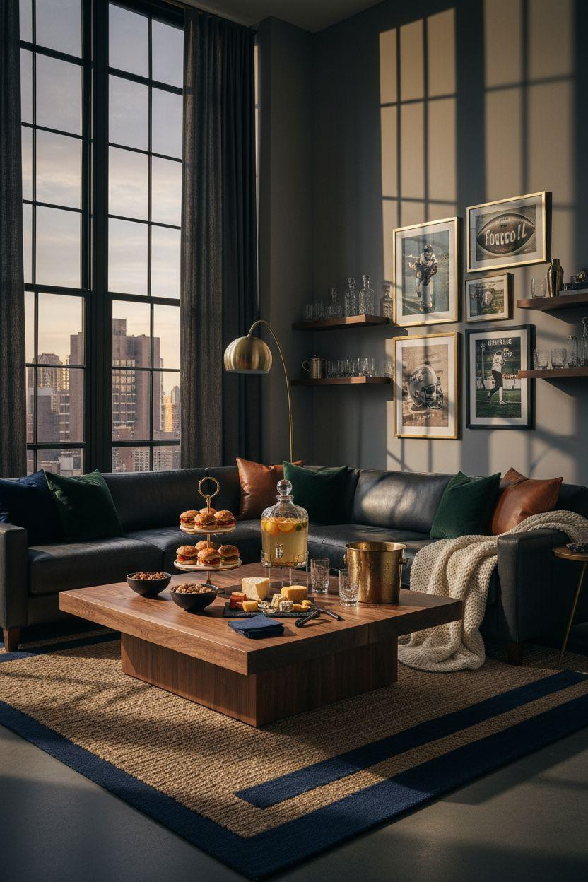 Super Bowl party decorations - double height loft with charcoal sectional and framed prints