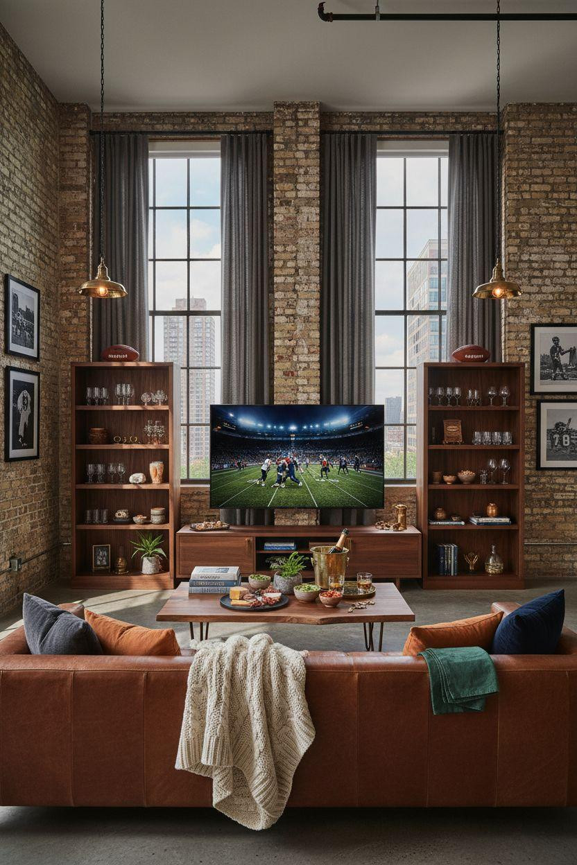 Super Bowl party decorations - media wall with cognac sectional and walnut floating shelves