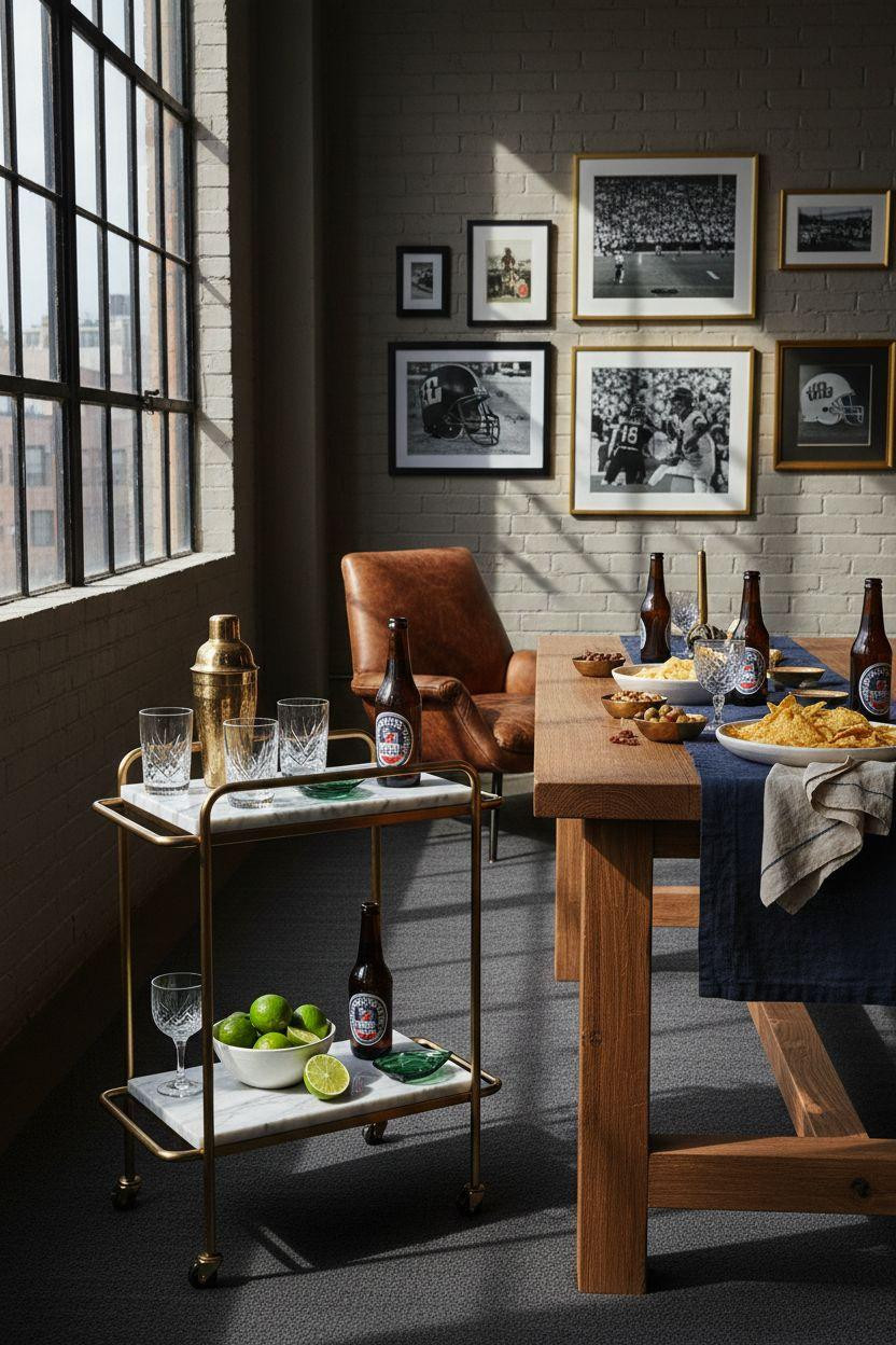 Super Bowl party decorations - brass bar cart with crystal decanters and navy accents