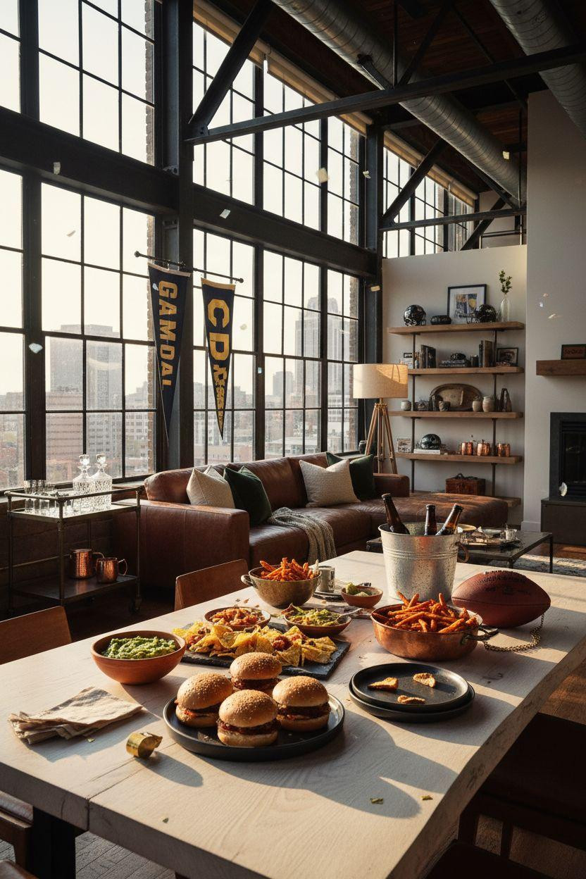Super Bowl party decorations - industrial loft with reclaimed wood table and brass accents