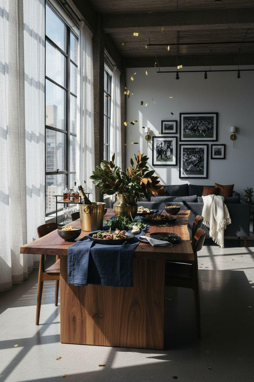 Super Bowl party decorations - penthouse with eucalyptus centerpiece and brass accents