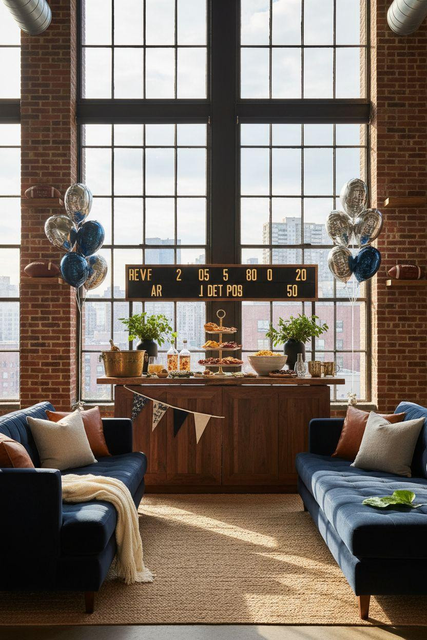 Super Bowl party decorations - Tribeca loft with walnut console and team pennants