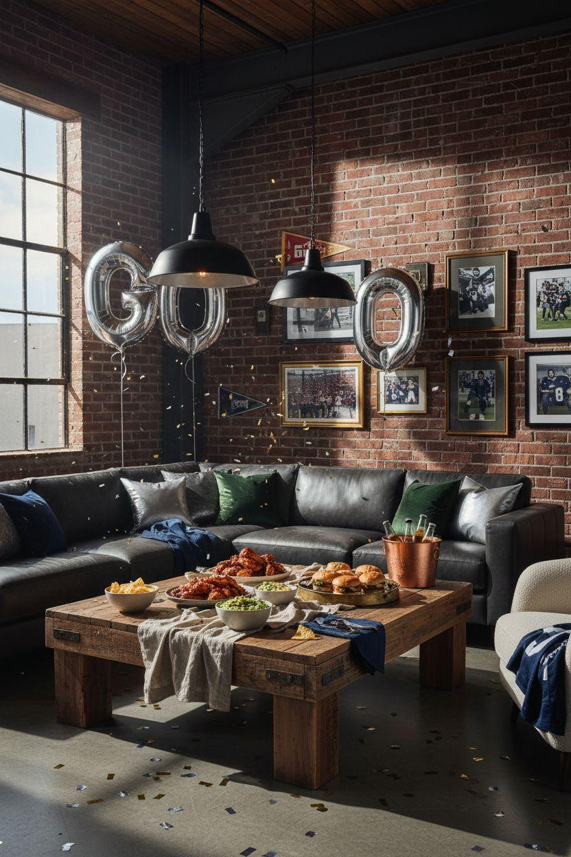 Super Bowl party decorations - industrial warehouse with tiered barn wood display