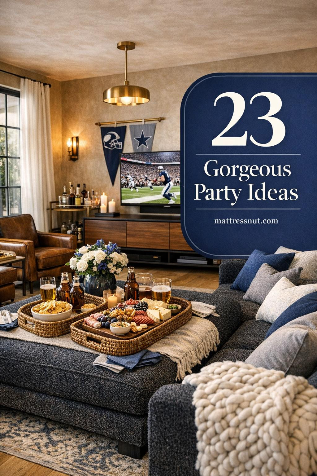 Elegant living room with charcoal sectional, team color pillows, charcuterie spread, and ambient lighting for game day
