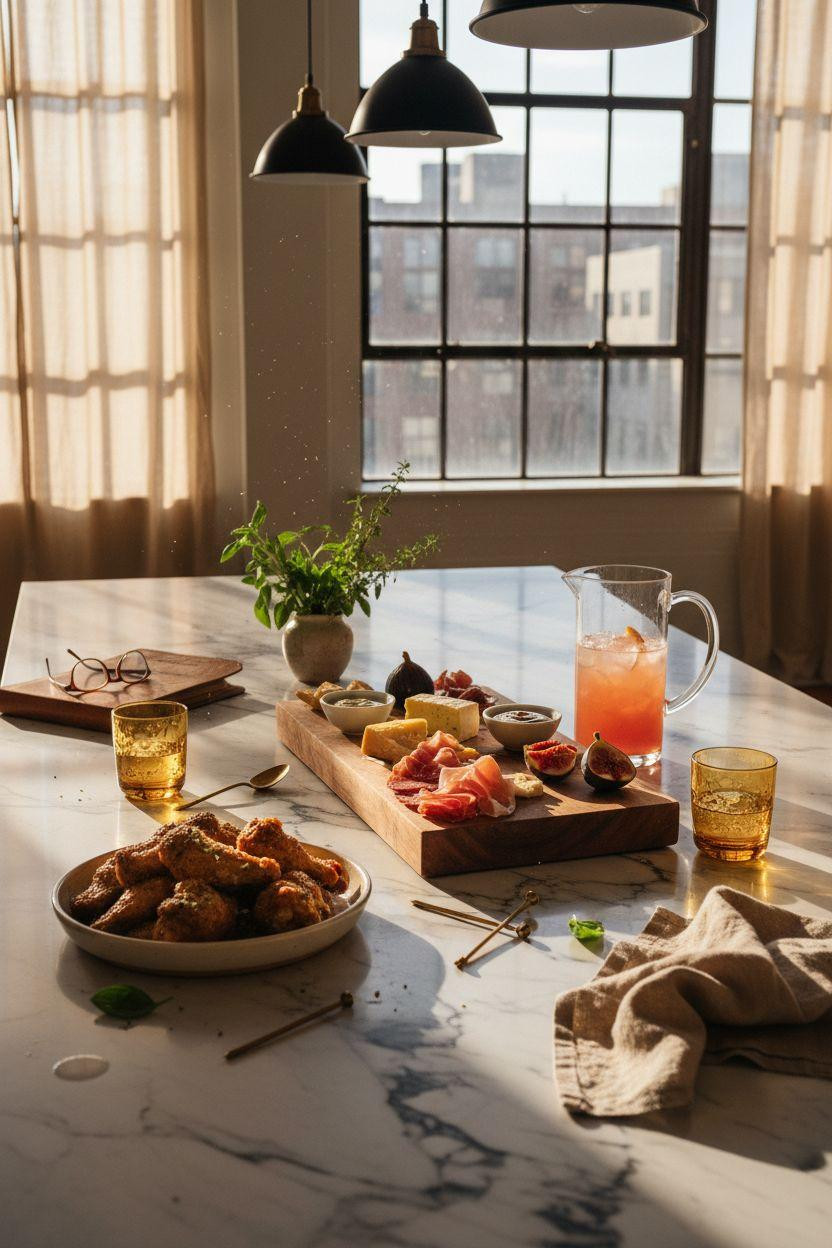 Super Bowl food - intimate loft party setup with finger foods