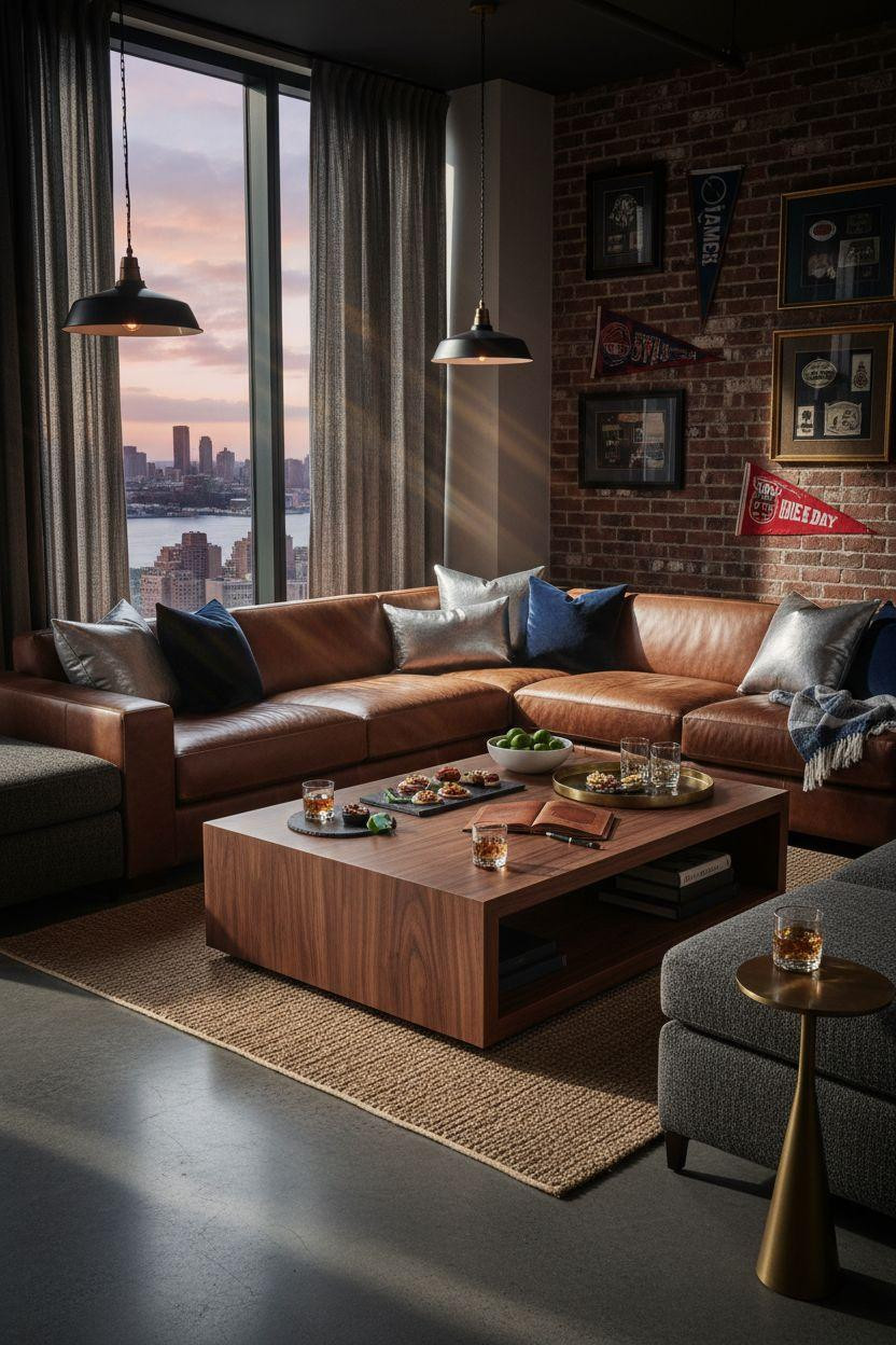 Super Bowl party decorations - penthouse with cognac leather sectional and metallic accents