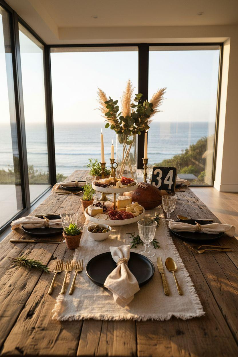 Super Bowl tablescape - coastal barn wood with natural textures