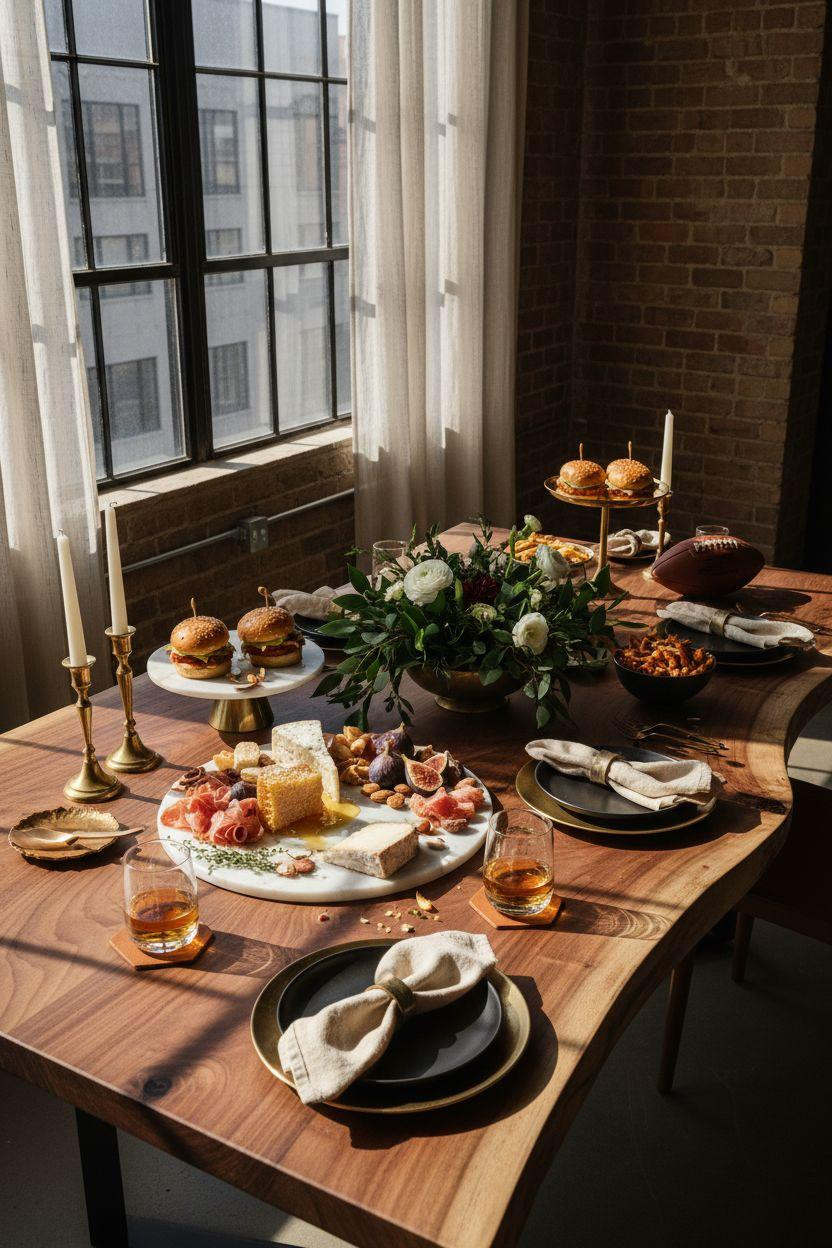 Super Bowl tablescape - luxury entertaining with marble and brass