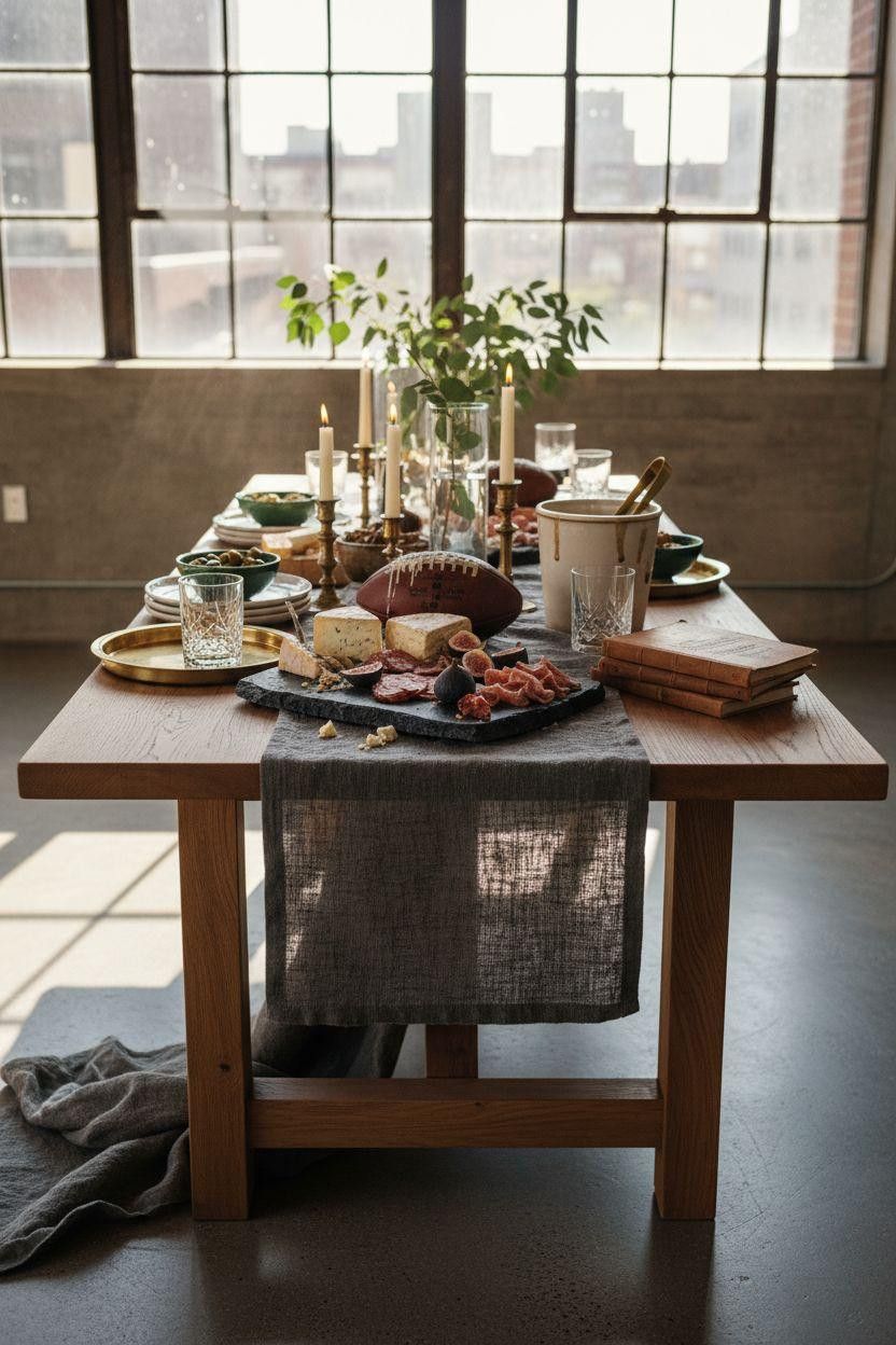 Super Bowl tablescape - industrial style with slate and brass