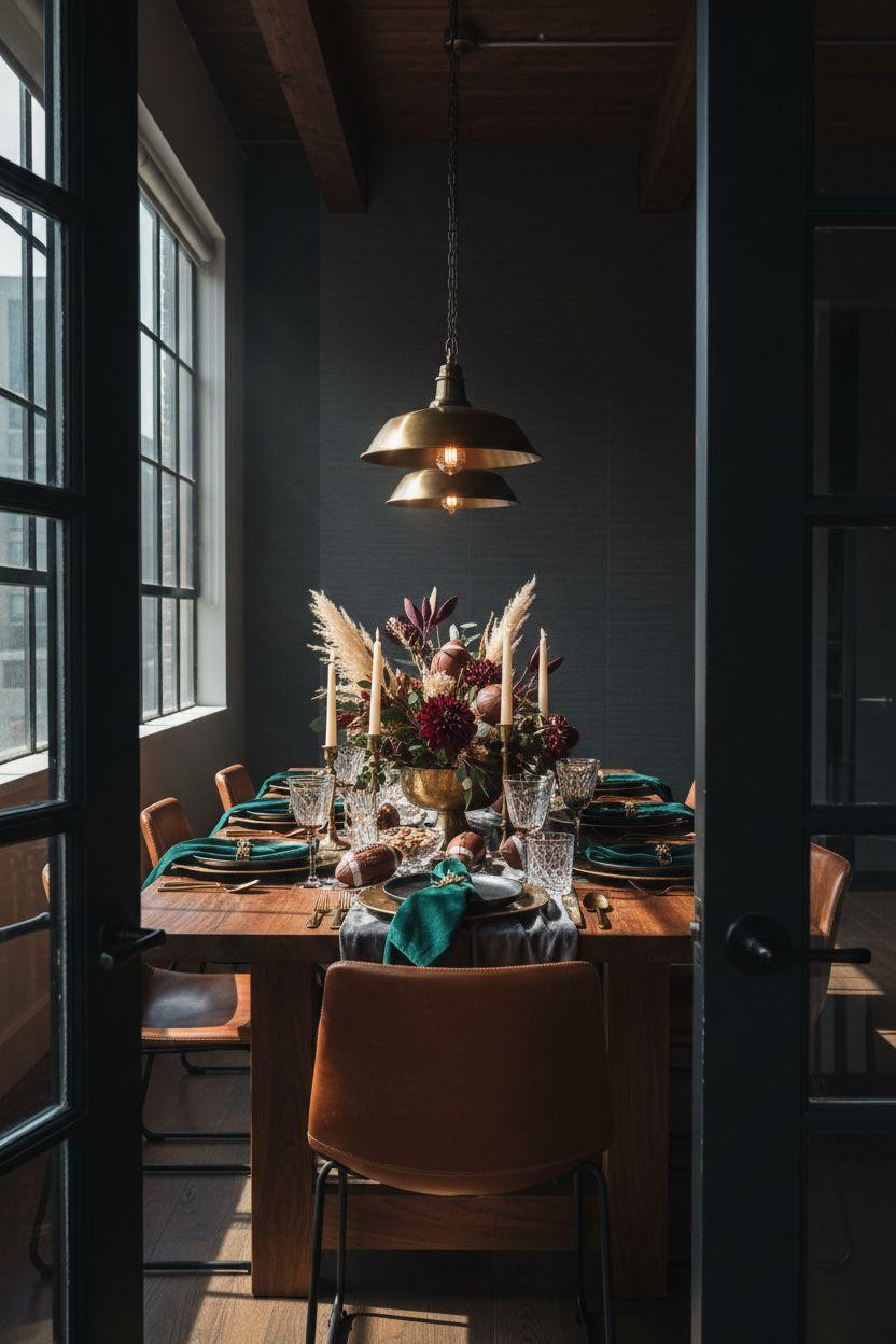 Super Bowl tablescape - sophisticated loft dining with velvet accents