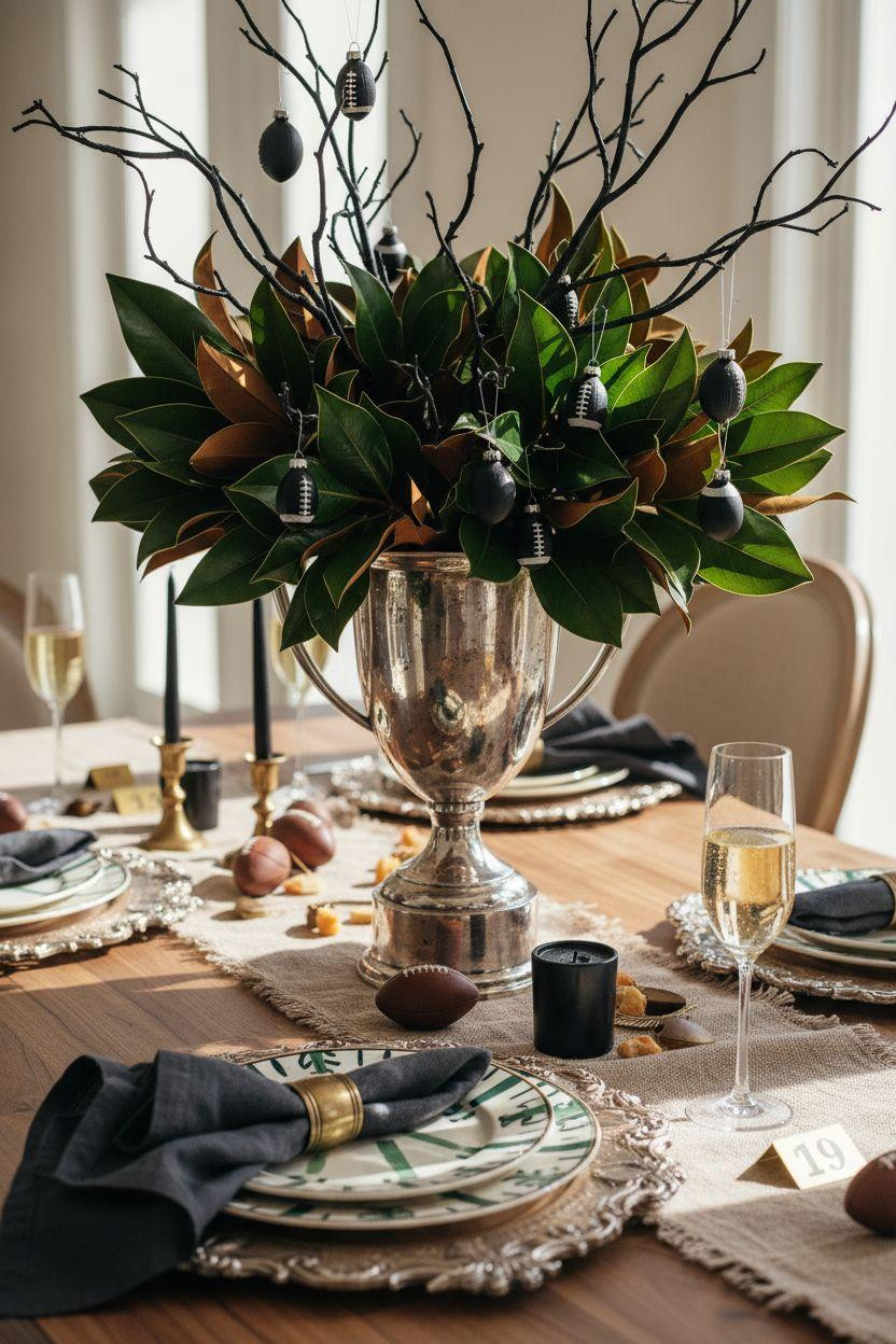 Super Bowl tablescape - sculptural trophy centerpiece styling