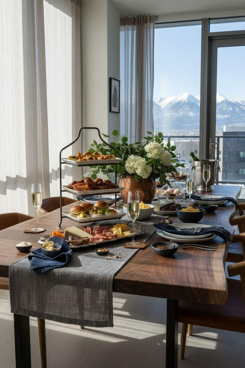 Super Bowl tablescape - tiered serving stands with mountain views