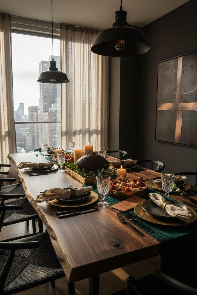 Super Bowl tablescape - penthouse styling with emerald and walnut