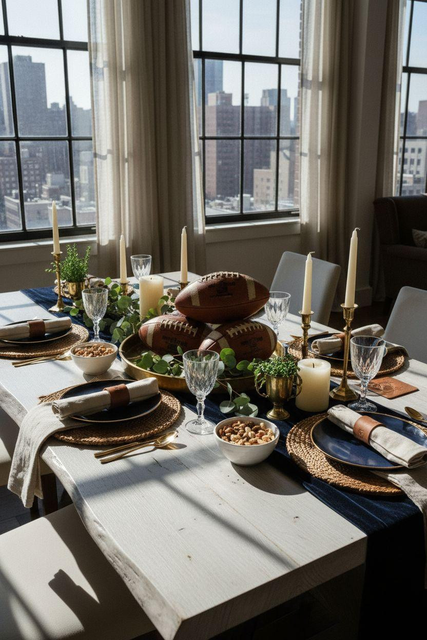 Super Bowl tablescape - reclaimed wood with navy and brass styling
