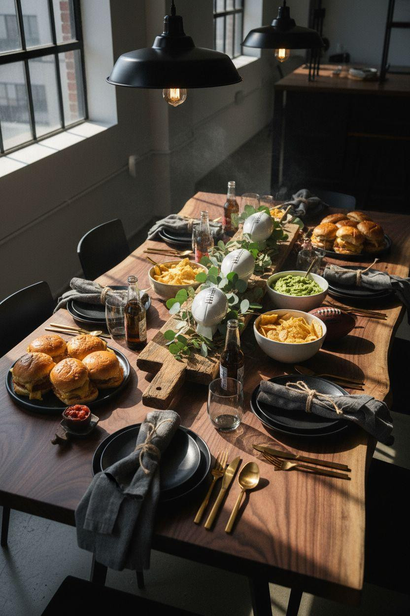 Super Bowl tablescape - bold industrial loft styling
