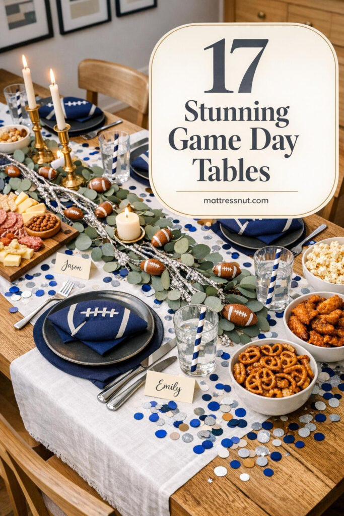 Overhead view of elegant dining table with white runner, navy napkins, silver accents, eucalyptus garland, and football decorations