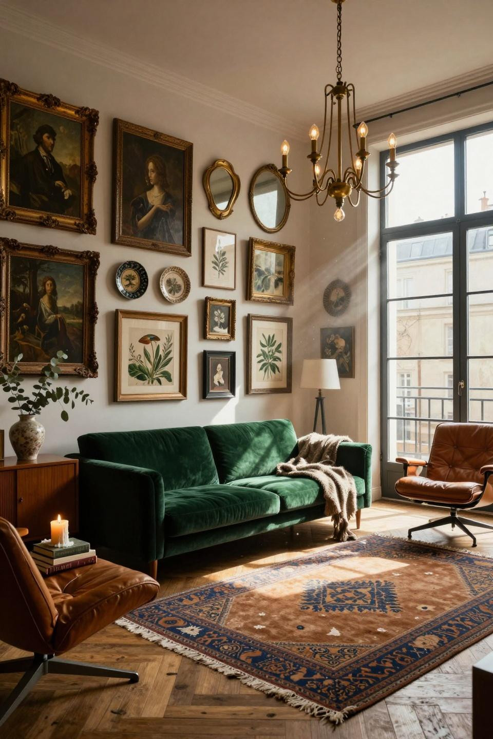 thrifted gallery wall above emerald velvet sofa with brass chandelier