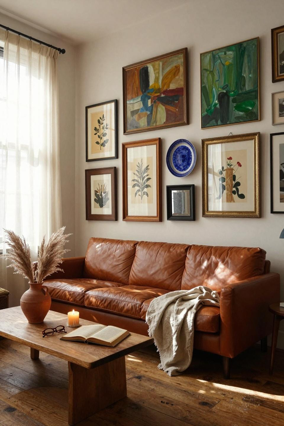 thrifted gallery wall above cognac leather with vintage styling
