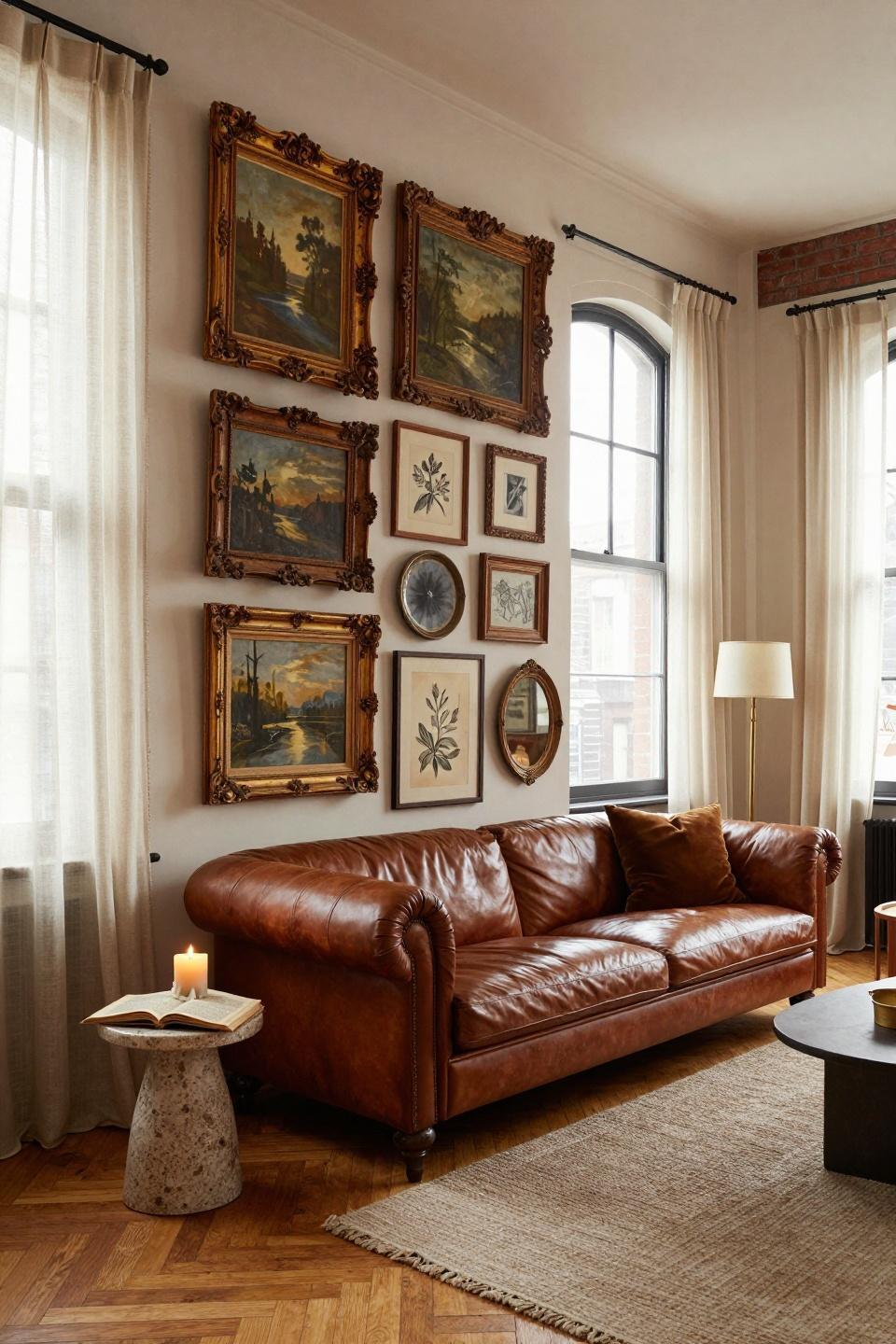 thrifted gallery wall spanning 14 feet with organic rhythm