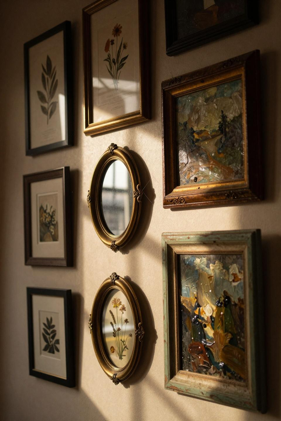 thrifted gallery wall closeup showing frame texture variety