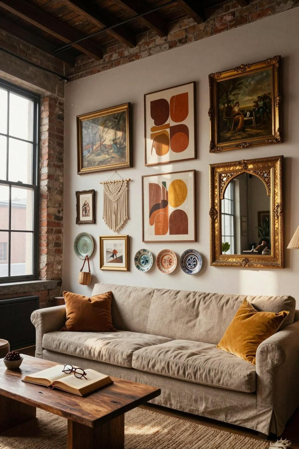 thrifted gallery wall with Moroccan mirror centerpiece