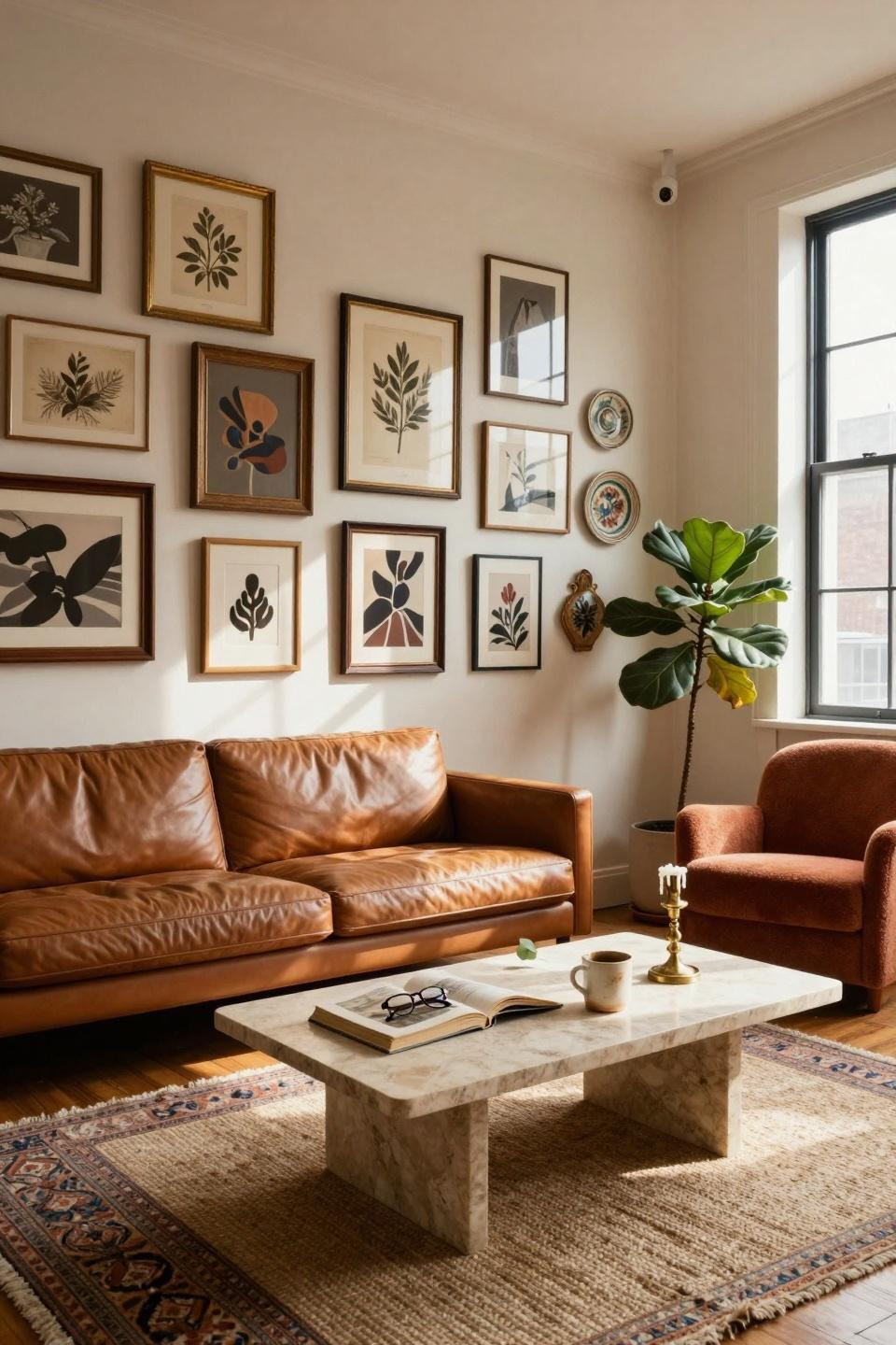 thrifted gallery wall spanning full height with vintage finds