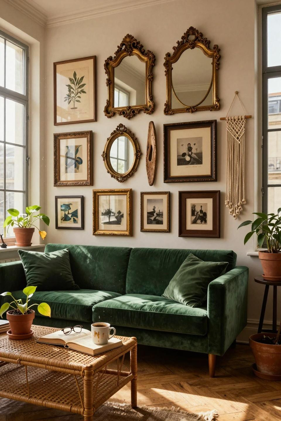 thrifted gallery wall in herringbone floor loft space