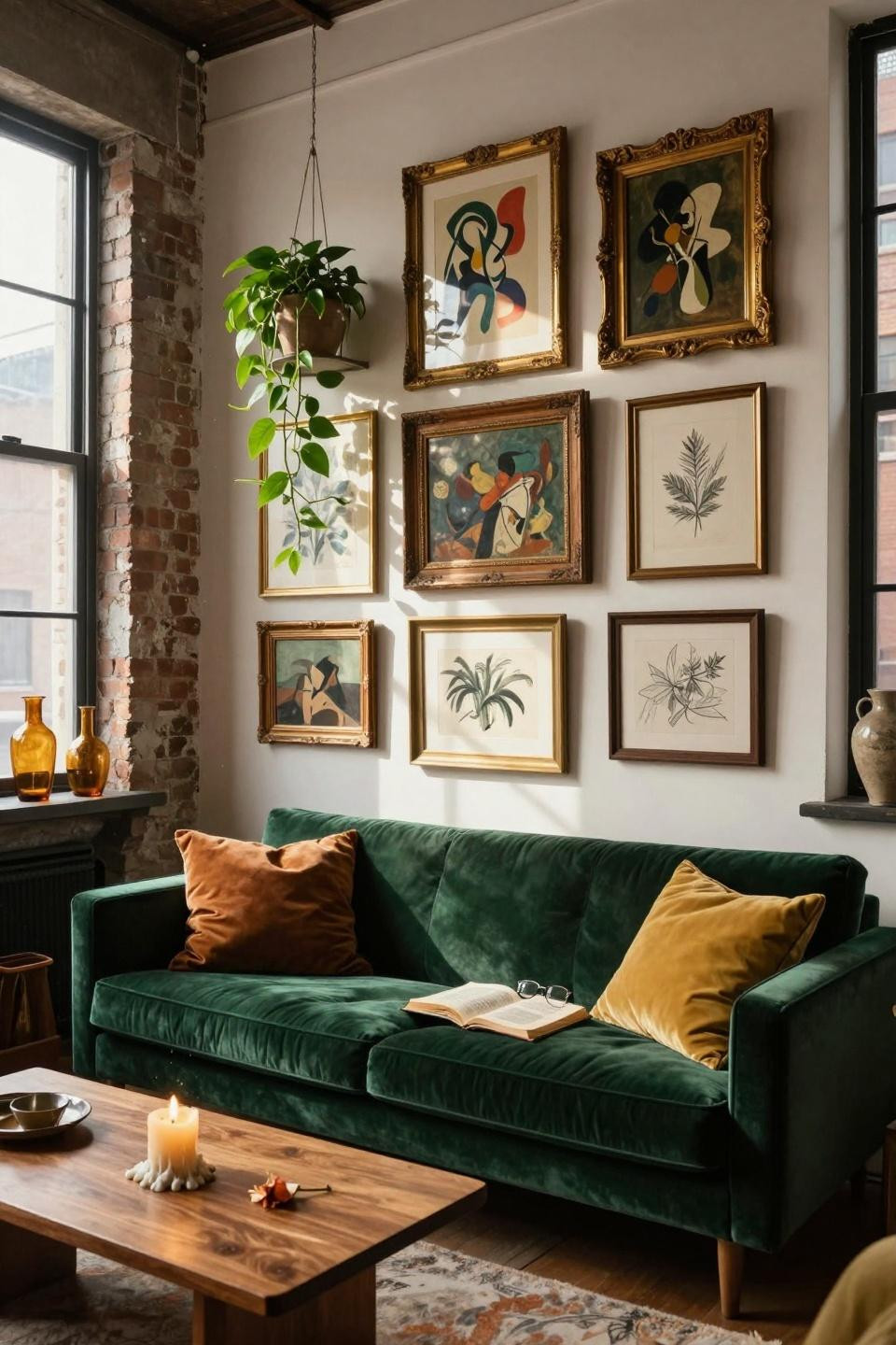 thrifted gallery wall with trailing pothos plant accent