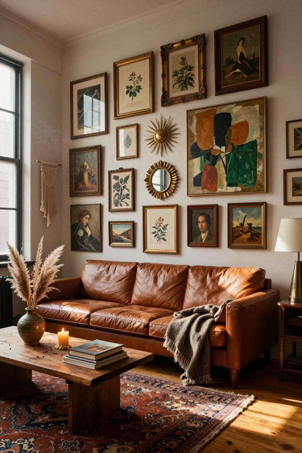 thrifted gallery wall featuring Victorian and 1970s art mix