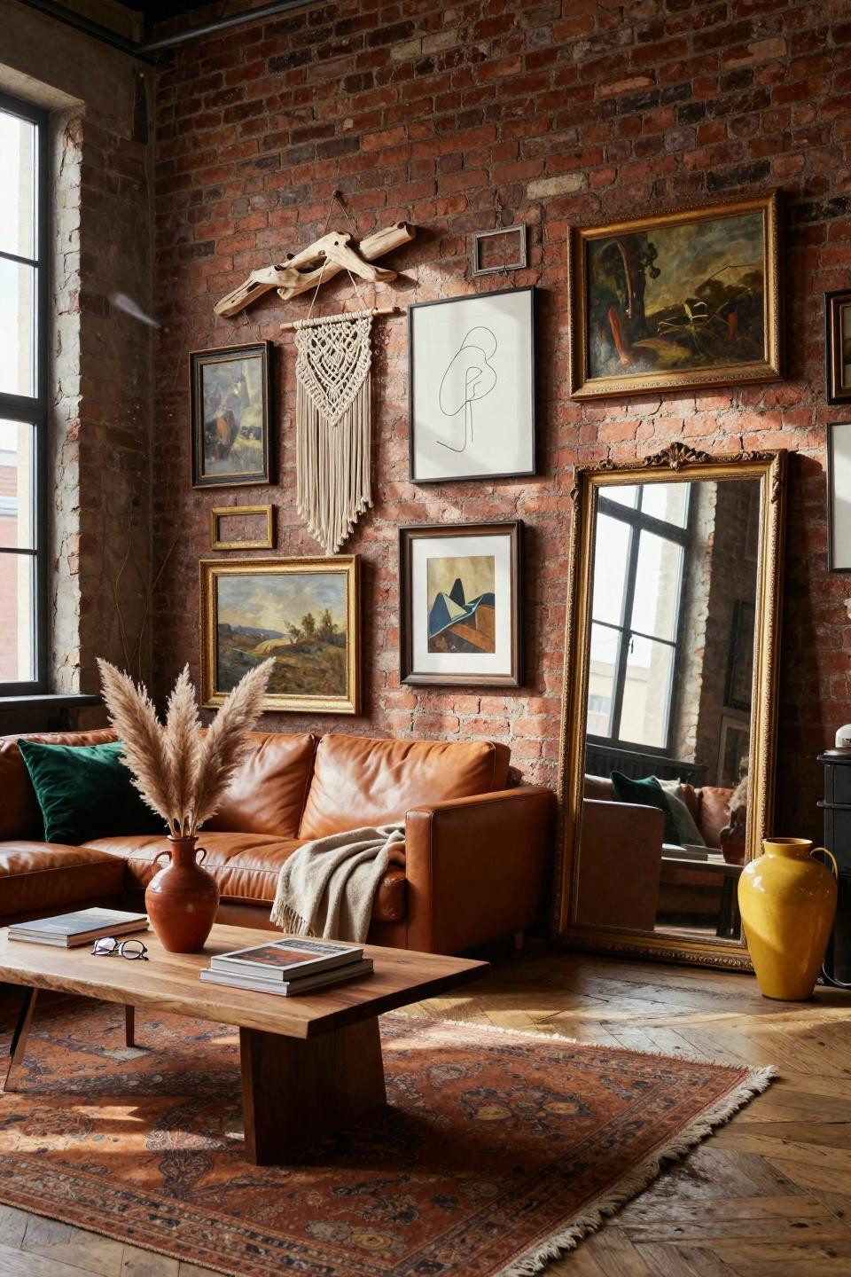 thrifted gallery wall in industrial loft with dramatic lighting