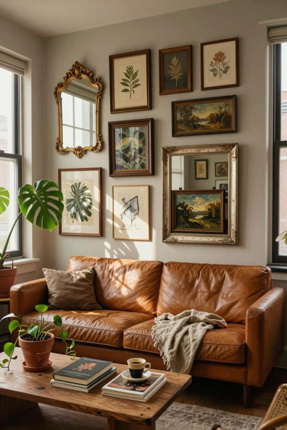 thrifted gallery wall with gilded mirrors and botanical prints