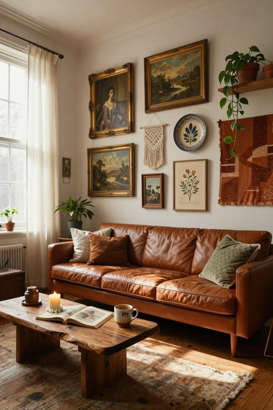 thrifted gallery wall featuring macramé and textile art pieces