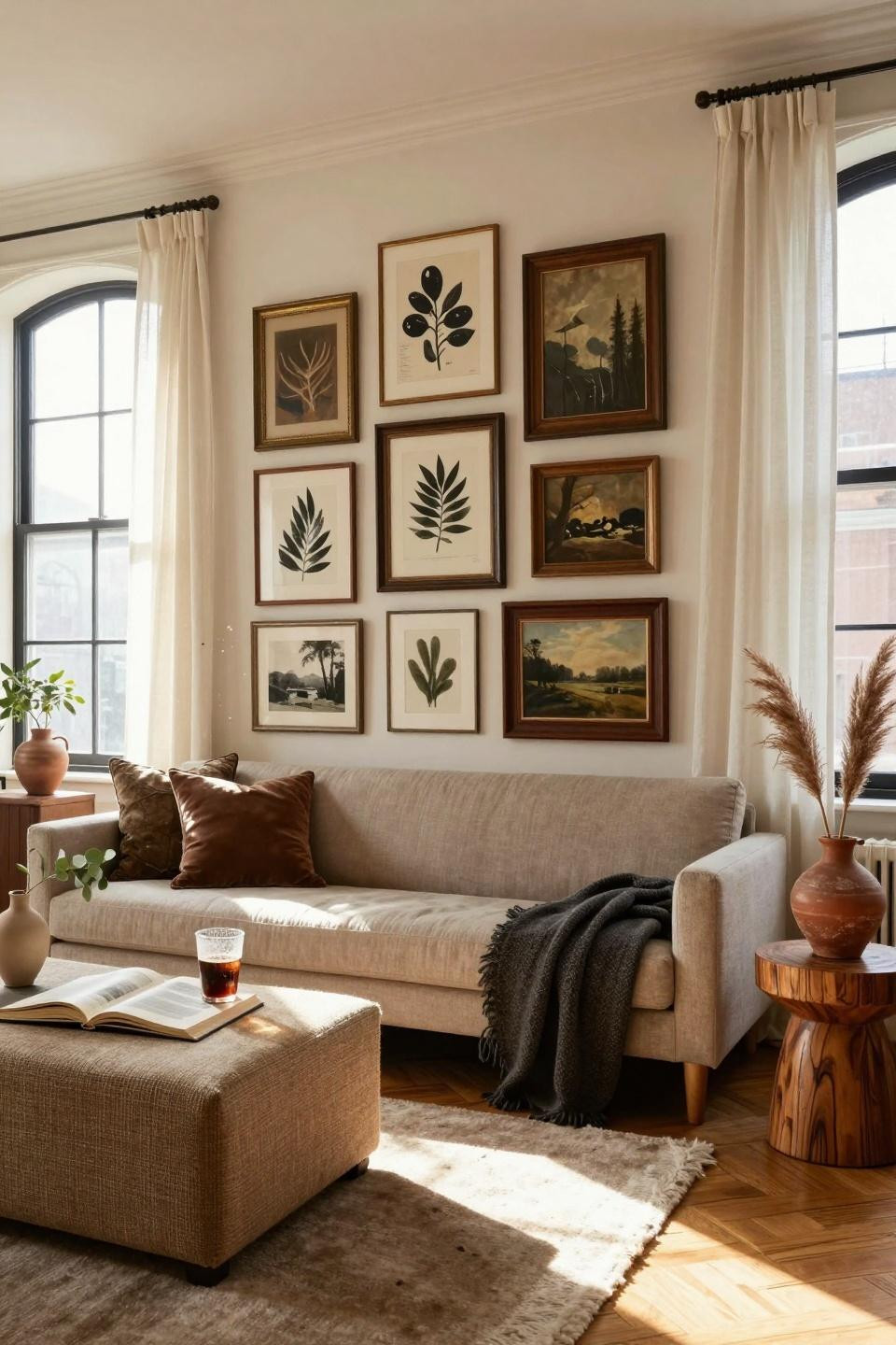 thrifted gallery wall in neutral palette with botanical prints