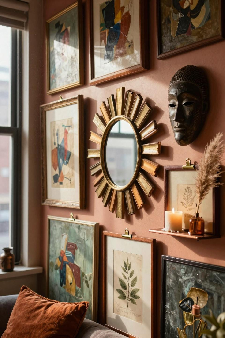 thrifted gallery wall detail showing layered frame depth