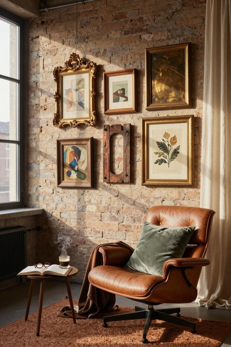 thrifted gallery wall featuring 1960s sunburst mirror focal point