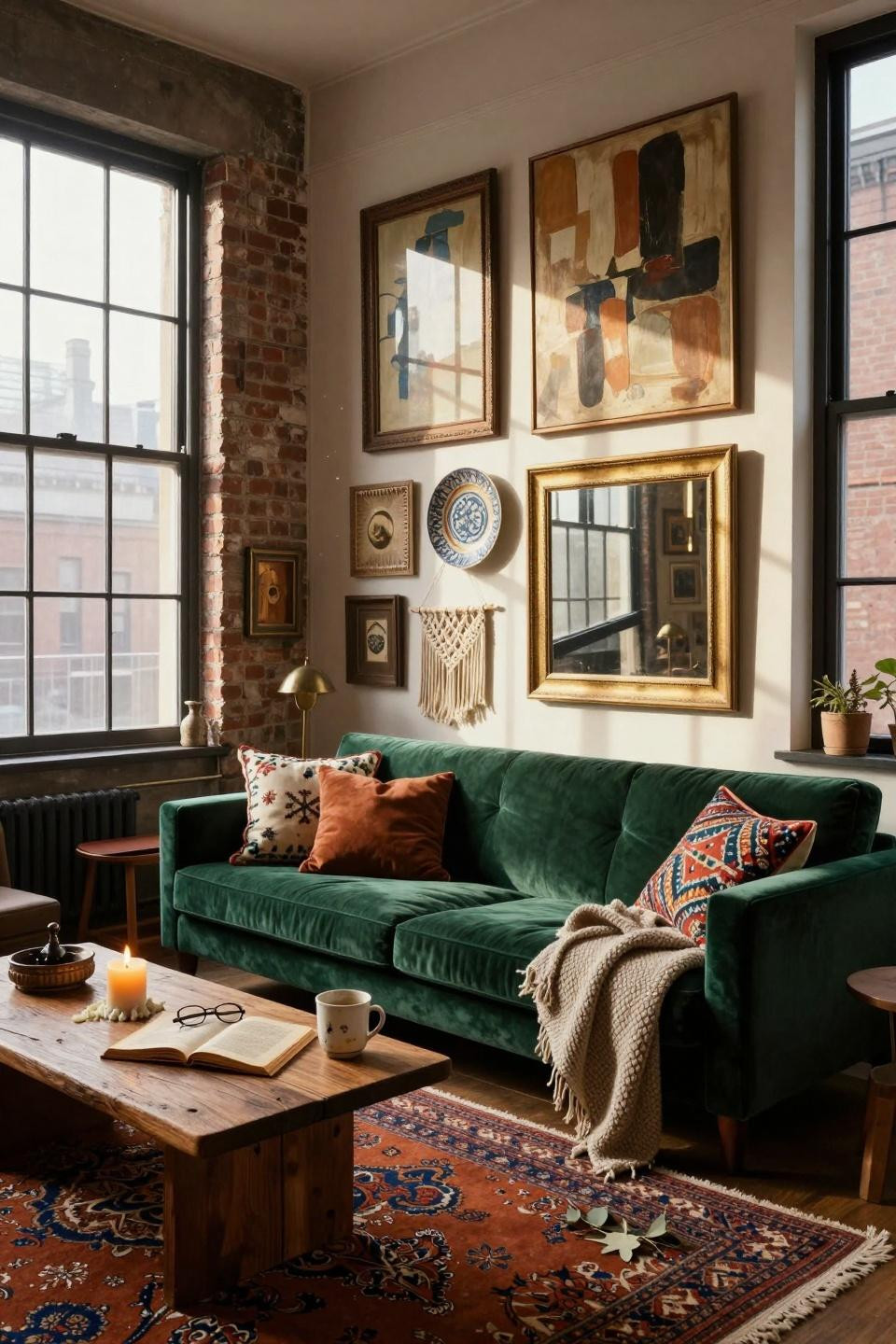thrifted gallery wall above emerald velvet sofa with layered rugs