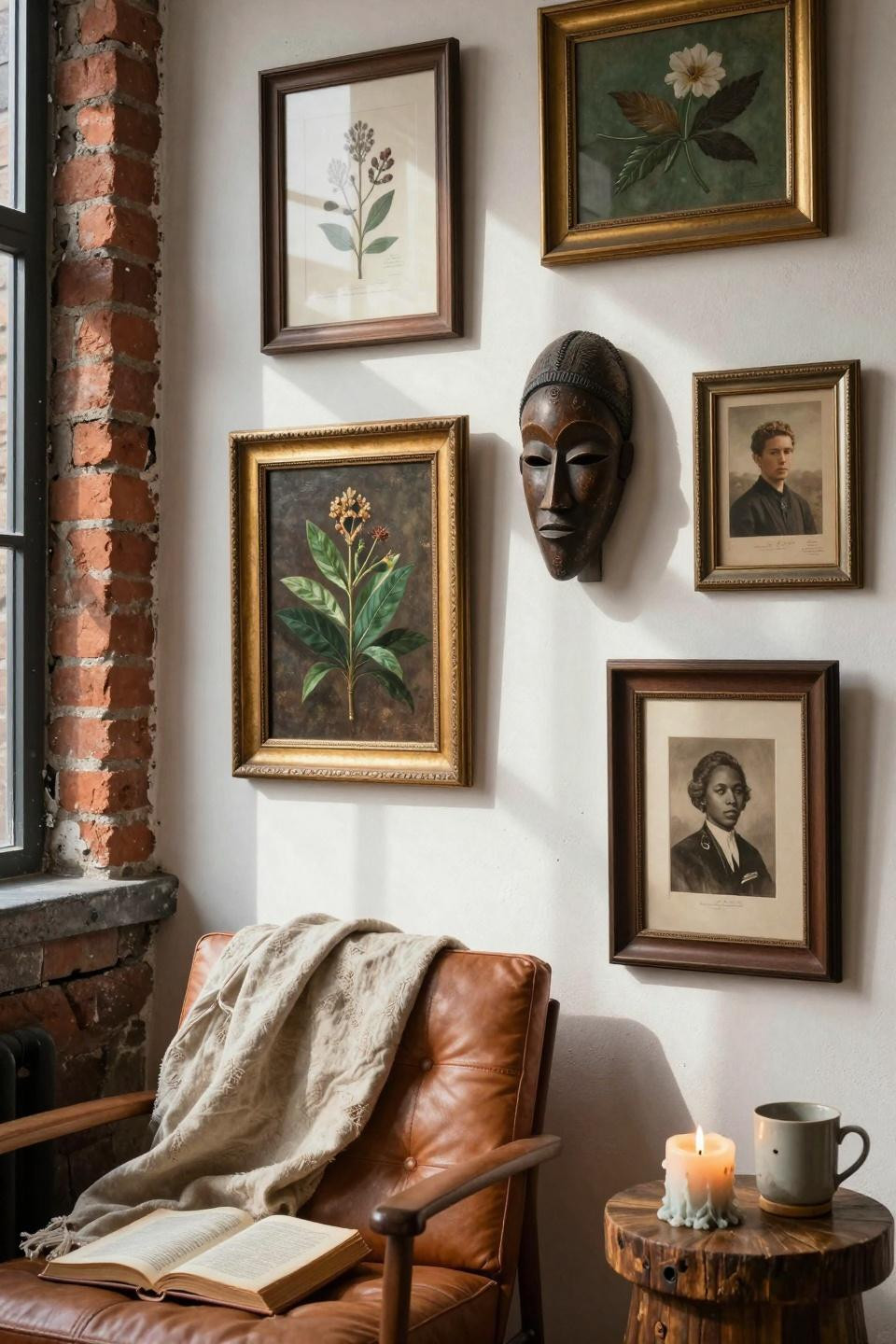 thrifted gallery wall corner featuring botanical illustrations