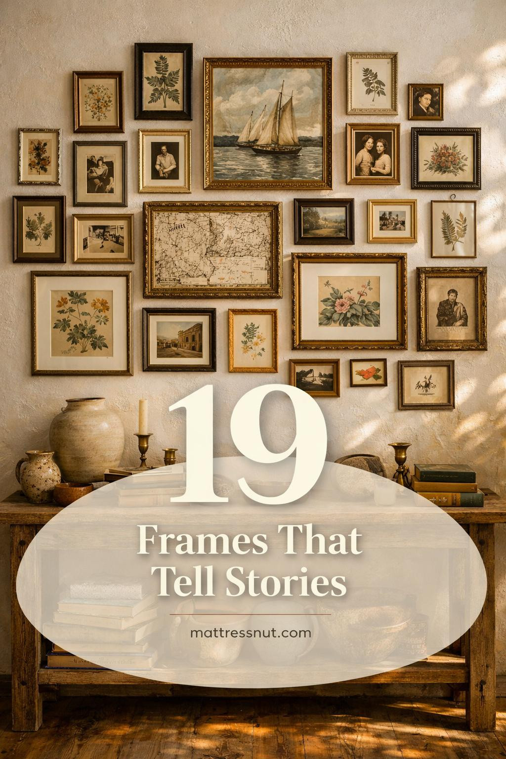 Eclectic gallery wall with mismatched thrifted frames in gold, black, and wood tones displaying family photos and art prints