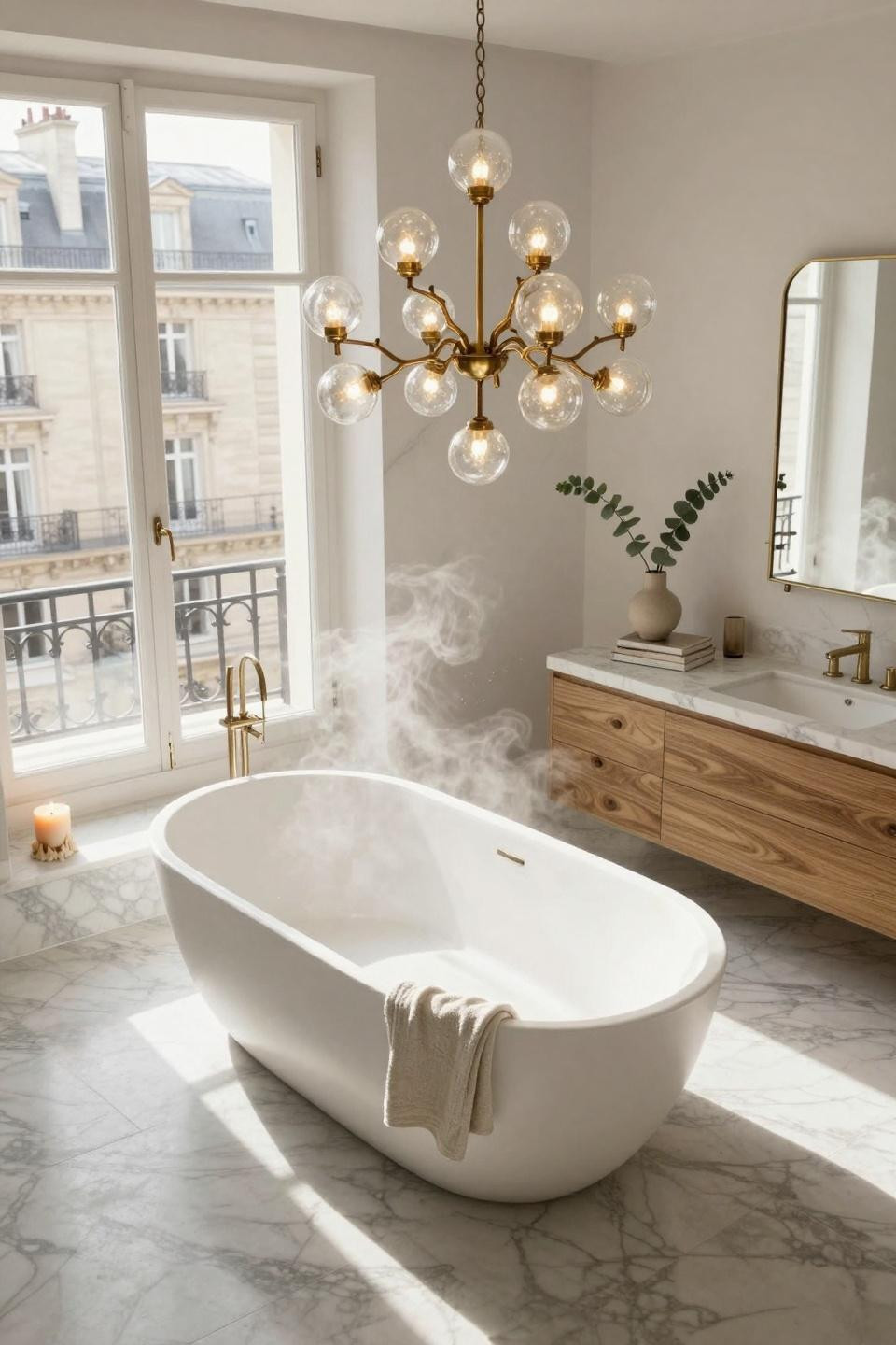 Master Bath Ideas - brass chandelier above white soaking tub