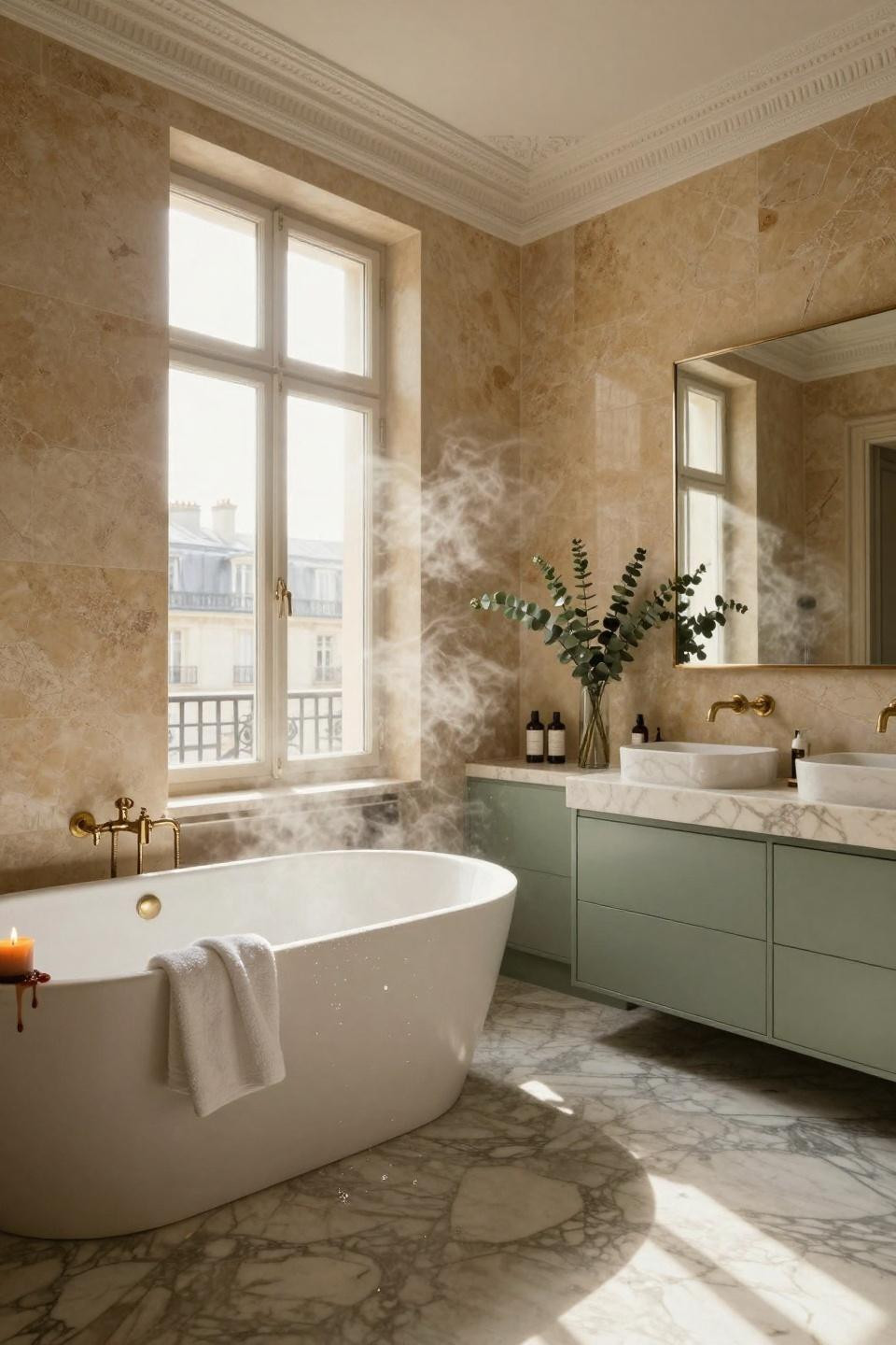 Master Bath Ideas - travertine walls with soaring ceilings