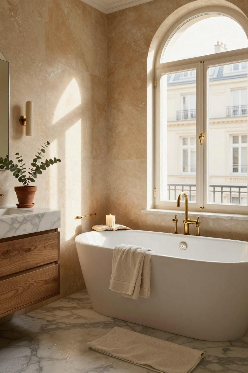Master Bath Ideas - honey travertine with arched windows