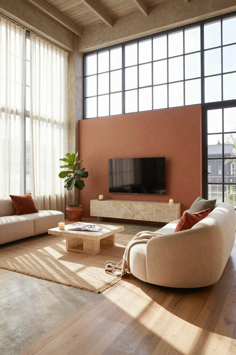 Tv Lounge Ideas - dark walls with warm wood shelving