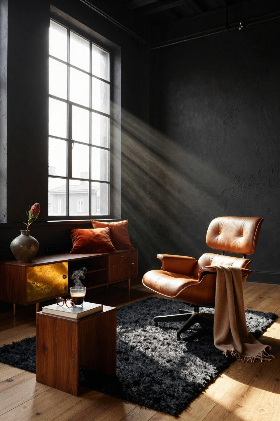 Tv Lounge Ideas - dark charcoal walls with orange accents