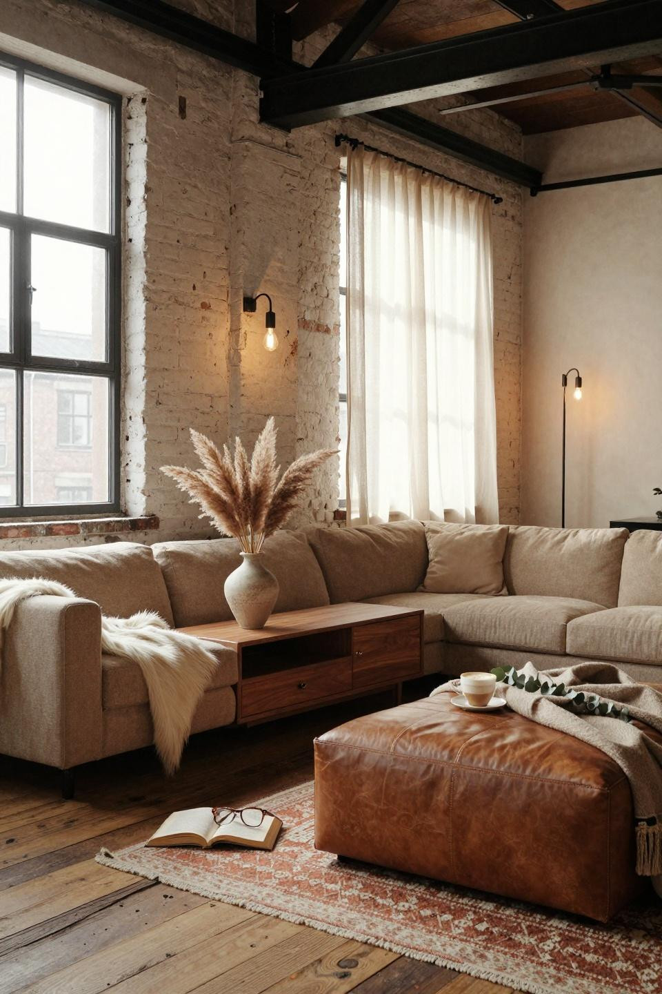 Tv Lounge Ideas - bouclé sectional in converted warehouse