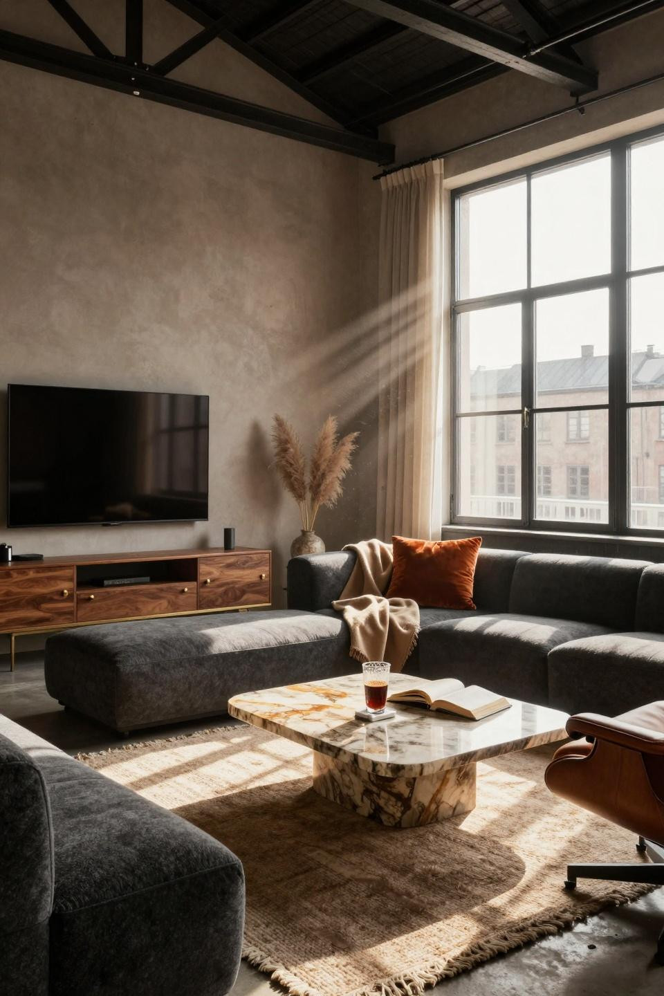 Tv Lounge Ideas - travertine coffee table with dark sofa